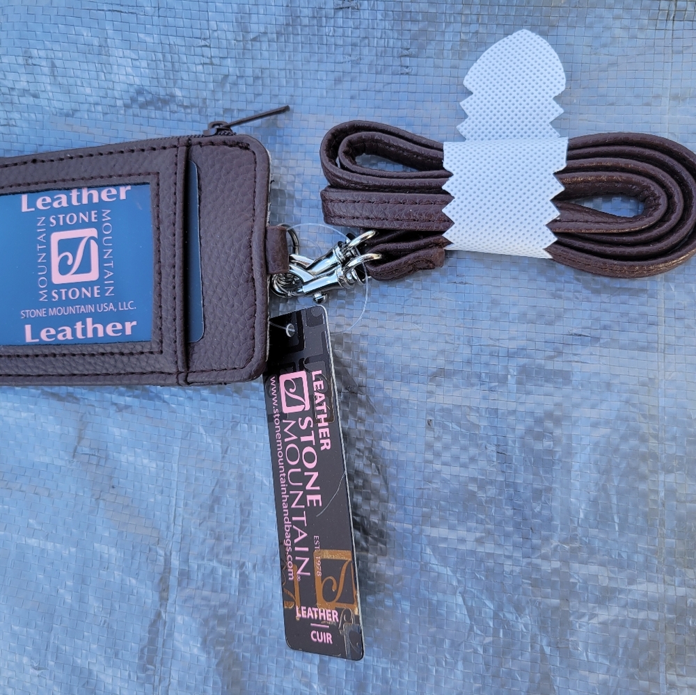 Stone Mountain Leather Lanyard ID Holder Card Wallet NWT Paisley Embossed Brown